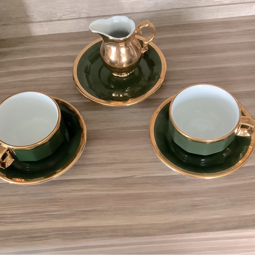 Vintage Green Bistro Porcelain Cups, Saucers & Gloria Creamer